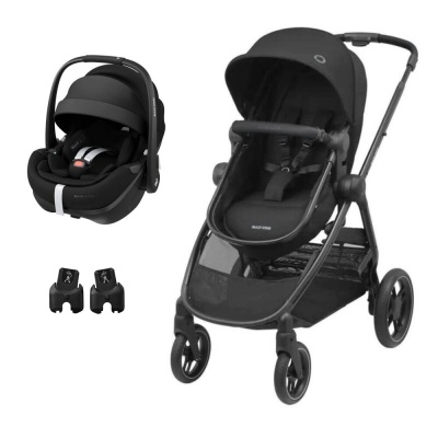 Carrinho e ovo para bebé pretos com estrutura metálica e acessórios