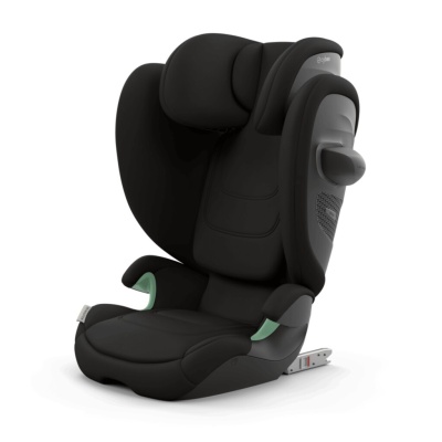 Cadeira auto infantil preta com base ISOFIX cinza clara e detalhes verdes