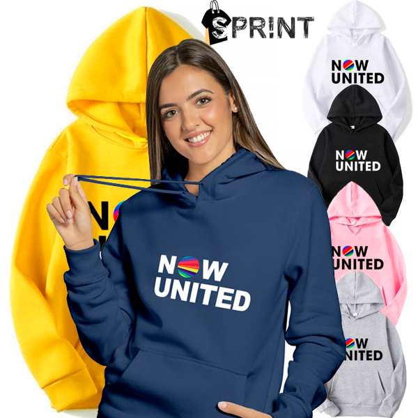 Sweatshirts com capuz em várias cores com o texto NOW UNITED
