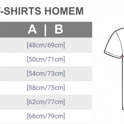 Tabela de medidas de T-shirts de homem com tamanhos e medidas indicadas