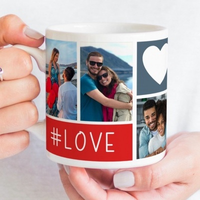 Caneca personalizada com fotos de casais, coração e texto #LOVE