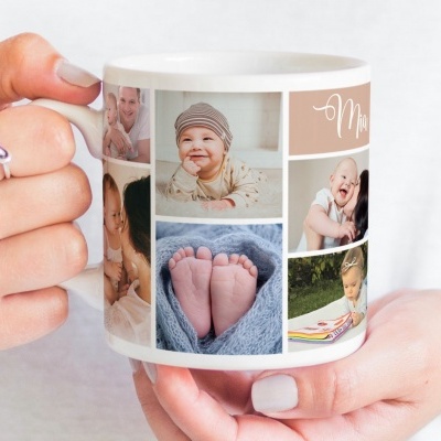 Caneca personalizada com fotos de bebés, mãos segurando