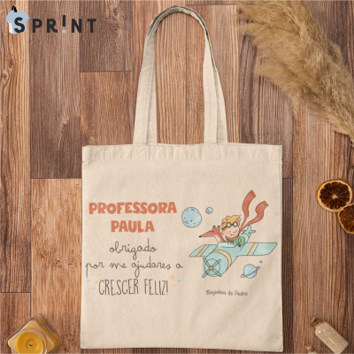 Saco de pano com mensagem para professora e desenho colorido