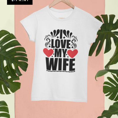 T-shirt branca com estampa LOVE MY WIFE em preto e vermelho