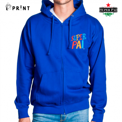 Casaco azul royal com capuz e fecho, com texto colorido 'SUPER PAI' no peito