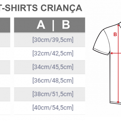 Tabela de medidas para T-SHIRTS CRIANÇA com tamanhos e dimensões A e B