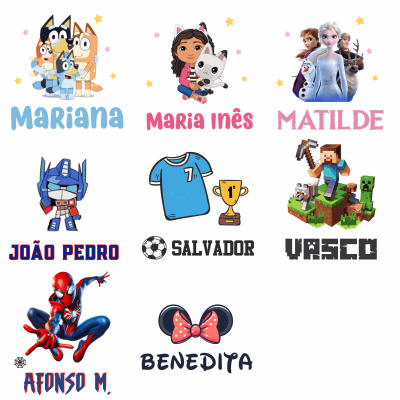 Ilustrações personalizadas com nomes infantis e personagens diversos em cores variadas