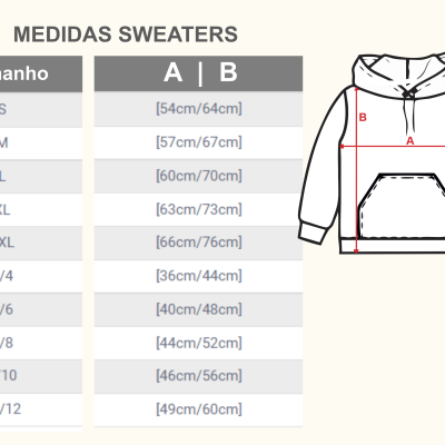 Tabela de medidas de sweaters com desenho esquemático de um sweater com capuz.