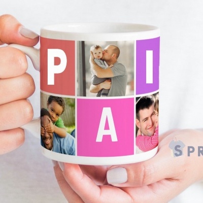 Caneca branca com design personalizado e fotos coloridas
