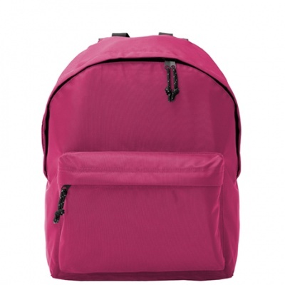 mochila cor-de-rosa com bolso frontal e fechos pretos