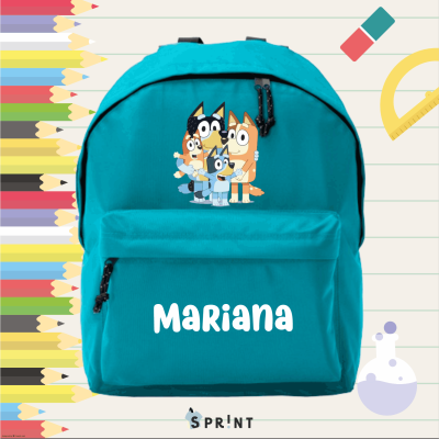 Mochila azul turquesa com personagens de desenho animado e nome personalizado Mariana