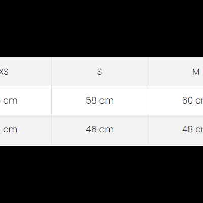 Tabela com tamanhos EU, XS, S, M, L e medidas Width e Comprimento em centímetros.