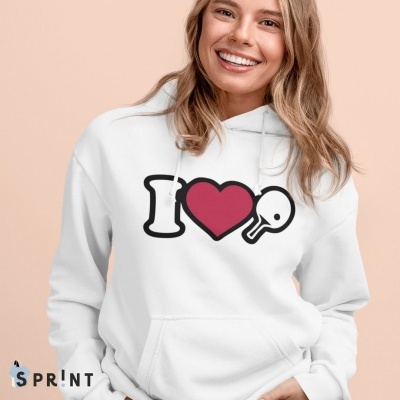 Camisola branca com capuz e estampa I coração raquete de ténis de mesa