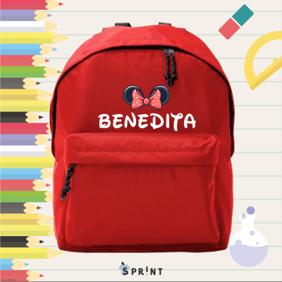 Mochila vermelha personalizada com nome BENEDITA e orelhas de rato com laço