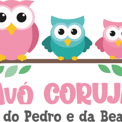 Imagem gráfica de três corujas coloridas sobre uma rama com folhas e texto em rosa.