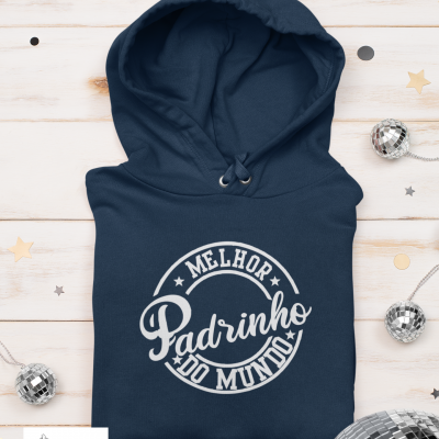 Sweatshirt azul escura com capuz e texto 