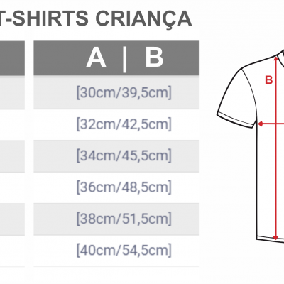 Tabela de medidas de T-shirts para criança com tamanhos e medidas em cm e ilustração da T-shirt