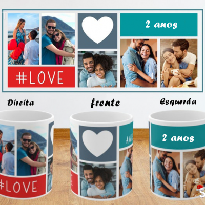 Três canecas personalizadas com fotos de casal e textos '#LOVE' e '2 anos'