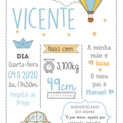 Cartaz de nascimento personalizado com nome Vicente e gráficos coloridos sobre fundo preto