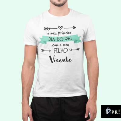 Camiseta branca estampada com texto em português para o Dia do Pai