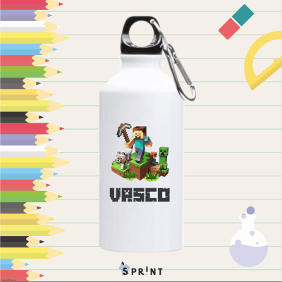 Garrafa metálica branca decorada com jogo Minecraft e nome Vasco