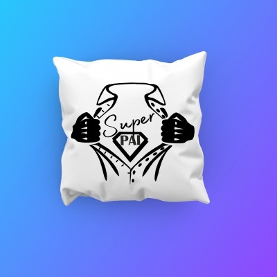 Almofada branca com estampa Super PAI em fundo azul e roxo