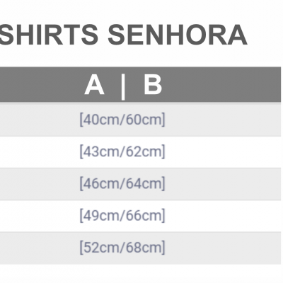 Tabela de medidas de T-shirts Senhora com dimensões A e B indicadas em desenho de T-shirt