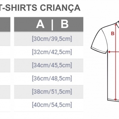Tabela de tamanhos de T-shirts para crianças com medidas A e B e ilustração de uma t-shirt branca