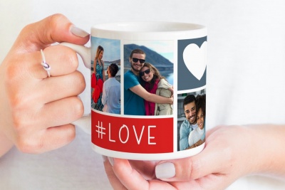 Caneca personalizada com fotos de casais, coração e texto #LOVE