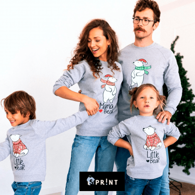 Familia vestindo sweatshirts cinzentas com ursos polares e texto 
