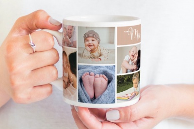 Caneca personalizada com fotos de bebés, mãos segurando