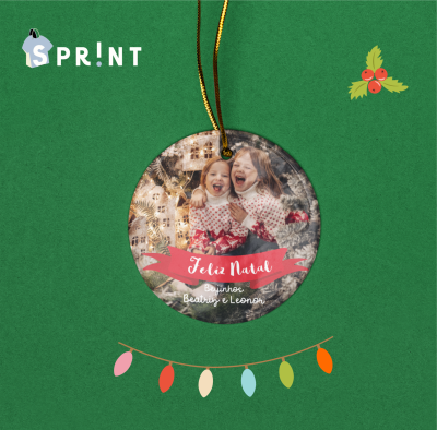 Ornamento de Natal redondo com fotografia de crianças e texto Feliz Natal