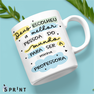 Caneca branca com texto colorido para professora em português