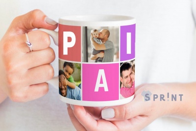 Caneca branca com design personalizado e fotos coloridas