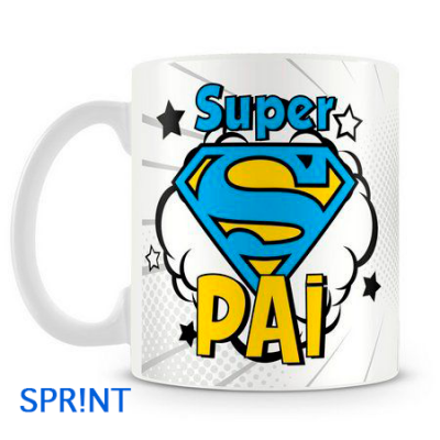 Caneca branca com texto colorido Super PAI e design de estrelas