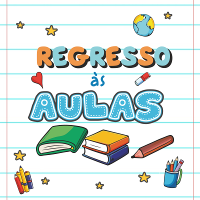 Ilustração com texto colorido 'REGRESSO às AULAS', livros, lápis, planeta e estrelas sobre fundo de folhas de caderno