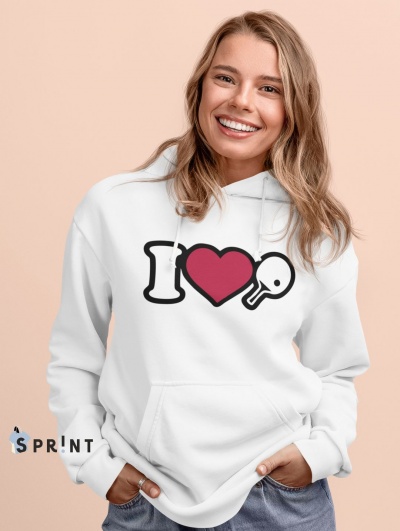Camisola branca com capuz e estampa I coração raquete de ténis de mesa