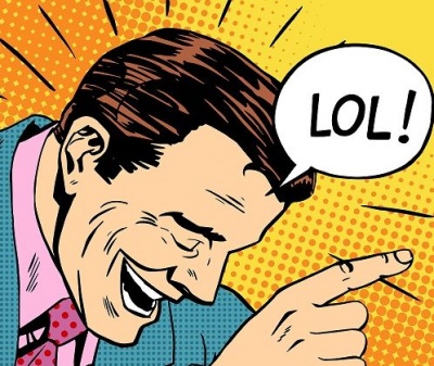 Ilustração pop art homem a rir a dizer LOL
