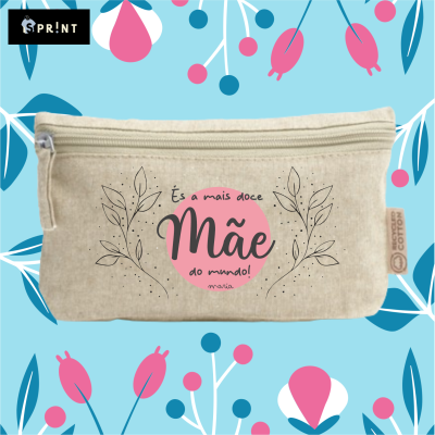 Necessaire bege clara com texto e desenhos decorativos