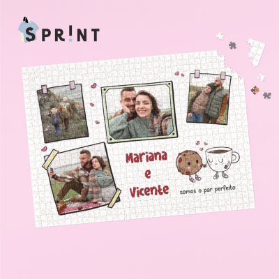 Puzzle personalizado com fotos de casal, texto e ilustrações divertidas