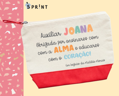 Necessaire branca com base vermelha e texto colorido em português