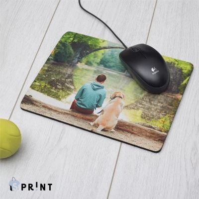 Tapete de rato com imagem de pessoa e cão junto a um rio e ponte