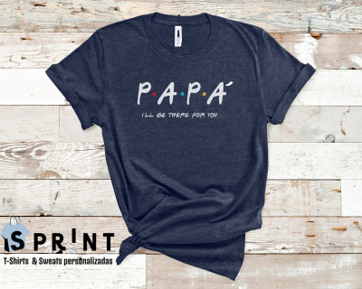 Camiseta azul escura com texto branco e pontos coloridos