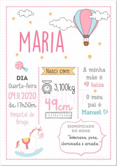 Cartaz colorido de nascimento com nome Maria e informações do bebé em cores pastel