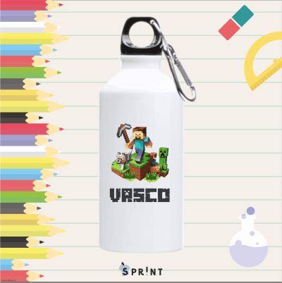 Garrafa metálica branca decorada com jogo Minecraft e nome Vasco