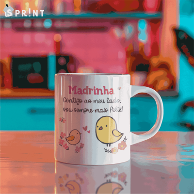 Caneca branca com desenhos de passarinhos e texto em português numa cozinha