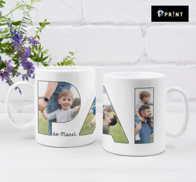 Duas canecas brancas com fotos personalizadas e texto 'do Manel'