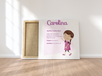 Dois quadros, um com lona esticada em moldura de madeira, outro com texto e ilustração de menina vestida de roxo