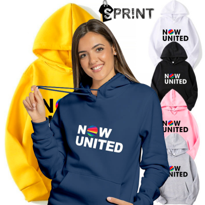 Sweatshirts com capuz em várias cores com o texto NOW UNITED