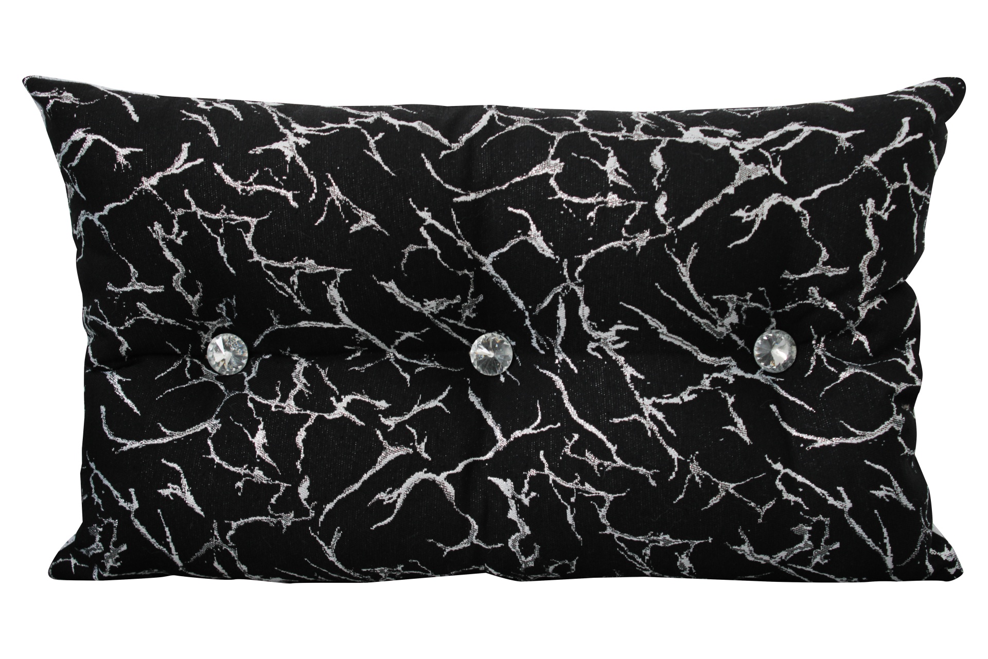 Almofada preta retangular com padrão branco e três botões decorativos